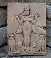 Babylonian Burney Relief Queen of Night GODDESS ISHTAR Mesopotamia Sculptural wall relief carving plaque www.Neo-Mfg.com 9.5" Museum m16